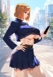 ai_generated arrogant ass_bigger_than_head big_ass big_breasts big_butt bimbo bitchy brat bratty cellphone fat_ass fat_butt fit_female hourglass_figure huge_ass huge_breasts ignored ignoring jujutsu_kaisen kugisaki_nobara midriff nobaralover on_phone phone sassy school school_uniform schoolgirl shopping short_skirt skirt slim_waist slutty_teenager texting textless_version tiny_waist toned_female toned_stomach tsundere underboob wide_hips