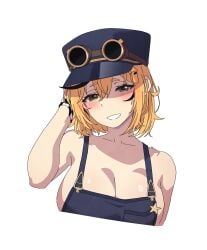 blonde_hair blush conductor_hat conductor_uniform dooby3d gloves goggles green_eyes indie_virtual_youtuber jerboa jerboa_humanoid large_breasts naked_under_clothes partial_female plain_background semi-closed_eyes sideboob smiling smiling_at_viewer spillage umisaki virtual_youtuber