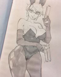 1girls bayonetta bayonetta_(character) bunny_girl bunnysuit cameltoe gun karasuart07 sketch smile thick_thighs weapon