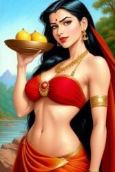 ai_generated armlet bare_shoulders big_breasts bindi black_hair brown_eyes earrings fruit holding_object holding_tray hourglass_figure indian indian_clothes indian_female light-skinned_female light_skin looking_at_viewer navel necklace red_clothing red_lips red_lipstick river rosy_cheeks saree sari sindoor slim_waist tray veil wide_hips