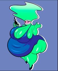 ass belly big_ass big_belly big_breasts blue_dress blush breasts ceeezahtheperson dress elemental_creature f'lata_flare_(minusbrush) fat fire_girl green_body huge_belly looking_at_viewer minusbrush