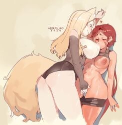 2girls absurd_res areolae ass big_breasts blush breast_sucking breasts closed_eyes clothes_lift female female/female female_only fingering fingering_partner fingering_pussy forte_(crystalplanet00) fox_ears fox_girl lactation long_hair nipples norasuko pussy_juice red_hair squirting sucking_nipple tail thick_thighs yuri