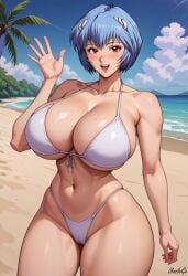 1girls ai_generated beach big_breasts bikini blue_hair blush bob_cut cleavage huge_breasts looking_at_viewer neon_genesis_evangelion red_eyes rei_ayanami self_upload short_hair smile stable_diffusion teenager thick_thighs unclego waving white_bikini