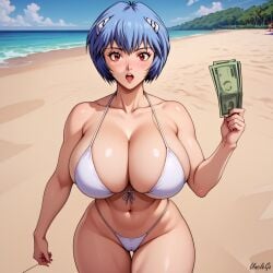 1girls ai_generated beach big_breasts bikini blue_hair blush bob_cut bribe cleavage holding_money huge_breasts implied_prostitution looking_at_viewer neon_genesis_evangelion open_mouth posing red_eyes rei_ayanami self_upload short_hair stable_diffusion standing teenager thick_thighs unclego white_bikini