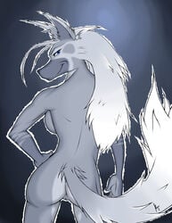 2012 anthro arctic ass behind blue breasts canine cyera female fur furry hair krinkels long_hair nude plain_background pussy sideboob silver smile solo thigh_gap wolf