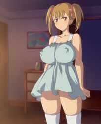 amber_eyes angry bare_shoulders blonde_hair blue_dress blush breasts clothing dress edit erect_nipples erect_nipples_under_clothes female haha_musume_donburi_oppai_tokumori_bonyuu_shiru_dakude huge_breasts kaneko_hiraku long_hair nipple_bulge no_panties plump rumi_(haha_musume_donburi) screencap screenshot short_twintails skindentation solo solo_female stitched thighhighs third-party_edit tied_hair toranoana twintails