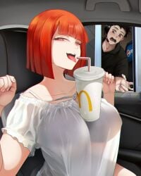 2d bra car cup cup_in_cleavage dad_(japanese_mcdonald's_commercial) drive_thru husband_and_wife inkspirate mcdonald's mom_(japanese_mcdonald's_commercial) orange_hair pepsi red_eyes see-through_clothing straw tongue_out yoru_mac