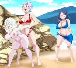 3girls age_difference barefoot beach big_breasts bikini blue_hair croix_meridies diana_cavendish green_hair inkrait little_witch_academia long_hair milf nipples pale-skinned_female purple_hair rocks sand thick_thighs ursula_callistis water yuri