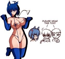 abs absurdres ahoge animal_ears blue_eyes blue_hair breasts ciel_(tsukihime) collar female_focus glasses gloves highres huge_breasts looking_at_viewer melty_blood navel nipples nrvnqsr_chaos nude pussy pussy_peek sakurello short_hair thighhighs thighs tohno_shiki tomboy tsukihime white_background