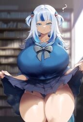 :< ? ai_generated ameanon big_breasts blue_eyes blurry_background gawr_gura hololive library panties school_uniform skirt skirt_lift thick_thighs white_hair