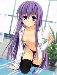 black_legwear black_panties bow bow_panties breasts collarbone cup dress_shirt female fujimori_yuu high_resolution koikishi_purely_kiss lace_panties leaning_forward leg_up long_hair looking_at_viewer mug navel nipples no_bra panties purple_eyes shirt side-tie_panties smile solo thighhighs underwear very_long_hair yuuki_hagure