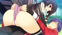 ass between_labia black_hair blue_hair blush closed_eyes cowgirl_position fingerless_gloves fujimori_kaname game_cg gloves grin innie_pussy koikishi_purely_kiss long_hair looking_back lying male official_art on_back open_mouth outdoors panties panty_pull red_eyes shidou_mana smile thighhighs uncensored underwear wedgie yuuki_hagure