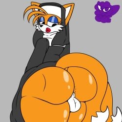 anthro ass backsack balls big_butt canid canine clothed clothing crossdressing fox genitals gynomorph huge_butt intersex makeup male mammal miles_prower nun_outfit pancookie sega solo sonic_(series) sonic_the_hedgehog_(series) tail tails tails_the_fox