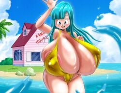 beach blue_eyes blue_hair breasts breasts_bigger_than_head breasts_bigger_than_torso dragon_ball greengiant2012 maron one_piece_swimsuit outdoors solo tagme