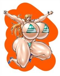 1female 1girls big_breasts bikini bikini_bottom bikini_top breasts enormous_breasts enormous_tits female female_focus female_only giant_breasts giant_tits gigantic_breasts gigantic_tits high_heels huge_breasts hyper_breasts hyper_tits large_breasts large_tits long_hair massive_breasts massive_tits nami nami_(one_piece) negoto_(nego6) one_piece orange_hair pinup shounen_jump striped_bikini tagme thick_thighs thighs