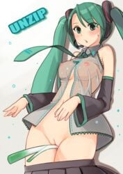 1girls :o bare_shoulders between_thighs blush bottomless breasts detached_sleeves female green_eyes green_hair hatsune_miku hiuji leek long_hair nipples open_clothes pussy see-through skirt skirt_pull solo spring_onion thighs tied_hair twintails uncensored vaginal_insertion vocaloid wet wet_clothes