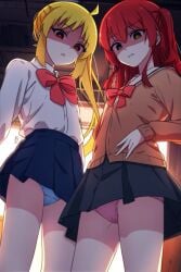 2girls blonde_hair bocchi_the_rock! clothed_female disgusted female female_only ijichi_nijika iya_na_kao_sare_nagara_opantsu_misete_moraitai kenday70 kita_ikuyo panties red_hair school_uniform shirt underwear yellow_hair