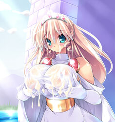 aqua_eyes bare_shoulders blonde_hair breast_hold breast_lift breasts character_request cum cum_on_body cum_on_breasts cum_on_clothes cum_on_upper_body curvy dress elbow_gloves erect_nipples facial female gloves hips huge_breasts long_hair outdoors scatter_milk see-through solo standing tiara wide_hips