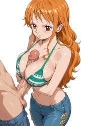 1boy 1girl ai_generated bikini bikini_top_only blue_pants blush breasts brown_eyes cleavage closed_mouth collarbone denim erection female green_bikini hetero jeans large_breasts long_hair male monkey_d_luffy nami nami_(one_piece) navel one_piece orange_eyes orange_hair paizuri pants penis precum simple_background solo_focus swimsuit trewg001 uncensored veins veiny_penis white_background