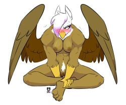 abs anthro areola avian beak blush bottomwear breasts clothing feathered_wings feathers female friendship_is_magic genitals gilda_(mlp) gryphon hasbro muscular muscular_female my_little_pony mythological_avian mythological_creature mythology nipples non-mammal_nipples pubes pussy redxbacon shorts simple_background sitting solo talon_hands white_background wings yellow_eyes