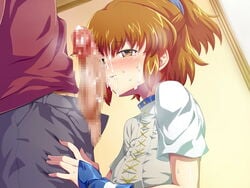 1boy 1girls arle_nadja big_penis blush brown_eyes brown_hair censored cg clothed clothed_sex clothing cum cum_on_face duo erokosei eyebrows_visible_through_hair faceless_male facial female half-closed_eyes highres human konpeto madou_monogatari male open_clothes penis puyo_puyo puyo_puyo_fever sega short_hair smile straight sweat wet