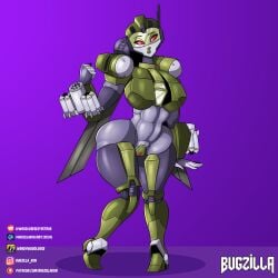 1girls bugzilla crotch_plate fan_character green_lipstick grey_body medium_breasts oc purple_background red_eyes robot robot_girl robot_humanoid solo thick_thighs transformers wide_hips