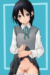 aqua_background aqua_border aqua_bow aqua_bowtie aqua_ribbon bad_id bad_pixiv_id black_hair black_skirt blush border bow bowtie breasts brown_eyes closed_mouth clothes_lift collared_shirt commentary cowboy_shot dress_shirt embarrassed female female_pubic_hair frown grey_sweater_vest groin hair_between_eyes inaba_himeko kokoro_connect lifting_own_clothes long_sleeves looking_at_viewer midriff navel neck_ribbon panties panty_pull pink_panties pleated_skirt pubic_hair pussy ribbon school_uniform shirt short_hair skirt skirt_lift small_breasts solo standing striped_clothes striped_panties sweater_vest thigh_gap two-tone_panties underwear white_panties white_shirt yamaarashit