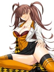 artist_request bra breasts brown_hair dr._arach female highres lab_coat lace lace_bra large_breasts long_hair looking_at_viewer orange_thighhighs orange_vest patterned_clothing pointy_chin smile thighhighs tsukihime tsukihime_(remake) underwear vest white_background yellow_eyes