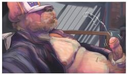 2023 anthro baseball_cap beard bodily_fluids brokowski canid canine clothed clothing cum cum_spurt cumshot ejaculation erection facial_hair foreskin genital_fluids genitals hairy hat hat_over_eyes headgear headwear male mammal manly masturbation mature_male moobs moustache navel nipples open_clothing open_shirt open_topwear penis pubes reclining shirt slightly_chubby solo topwear vein veiny_penis