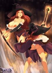 1girls 2022 areolae arm_sleeves ass big_breasts dragon's_crown dress female female_only hi_res long_hair magic_staff nipples nipples_outside panties r-e-l-o-a-d red_eyes red_hair solo sorceress sorceress_(dragon's_crown) witch_hat