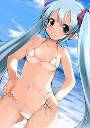 1girls aqua_eyes aqua_hair bikini breasts cloud dutch_angle female hair_ornament hands_on_hips hatsune_miku lillithlauda long_hair looking_at_viewer micro_bikini ocean side-tie_bikini sky smile solo swimsuit tied_hair twintails very_long_hair vocaloid white_bikini