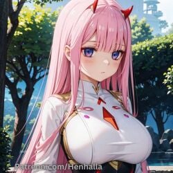 ai_generated big_breasts breasts dress green_eyes henhalla pink_hair shy