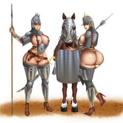 2girls arabic_text armor helmet horse huge_ass huge_breasts medieval ottoman_empire tight_clothing turkish_clothing turkish_female weapon