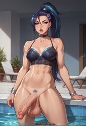 abs ai_generated black_hair blue_sky bottomless bracelet breasts day earrings erection female futanari jewelry k/da_all_out_kai'sa k/da_all_out_series kai'sa league_of_legends lipstick long_hair looking_at_viewer makeup navel outdoors penis ponytail pool poolside purple_eyes sky solo standing testicles uncensored water