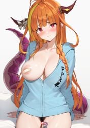 absurdres bandaid bandaids_on_nipples black_pubic_hair blonde_hair blue_jacket breasts brown_horns censored dragon_girl dragon_horns female female_pubic_hair grey_background highres holoforce hololive hololive_gen_2 hololive_japan horns jacket kiryu_coco large_breasts long_hair looking_at_viewer minato_aqua multicolored_hair novelty_censor one_breast_out orange_hair otokucha pasties pubic_hair red_eyes simple_background sitting solo streaked_hair virtual_youtuber