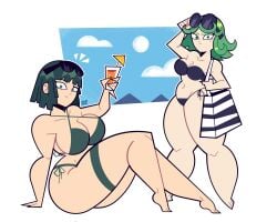 2girls ass big_ass big_breasts big_butt bikini bikini_bottom bikini_top butt cleavage eyewear_on_head female female_only fubuki_(one-punch_man) goodbyellow green_eyes grey_body looking_at_viewer navel one-punch_man sisters small_breasts sunglasses tatsumaki thick_ass thick_legs thick_thighs thighs wide_hips