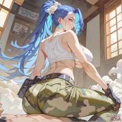 1girls ai_generated ass big_ass big_breasts blue_eyes blue_hair breasts busty clothed cowgirl_position dat_ass female female_on_top from_behind gloves grinding huge_ass huge_breasts king_of_fighters large_ass leona_heidern light-skinned_female light_skin long_hair looking_back male/female military military_clothing pale-skinned_female pale_skin pants ponytail riding riding_cock riding_penis sitting sitting_on_penis soldatrosaai tank_top thick_thighs thighs tied_hair underboob voluptuous voluptuous_female wide_hips