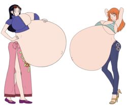 big_breasts breasts clothing elek-tronikz female female_only inflation nami nico_robin one_piece post-timeskip pregnant ready_to_pop