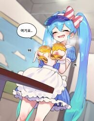 apron blue_hair blush breasts burger cheese dialogue female foodplay hatsune_miku korean_text mayo mesmerizer_(vocaloid) nail_polish nipples open_clothes open_mouth partially_clothed presenting presenting_breasts public public_exposure resturant ribbon sweat tears text twintails visor vocaloid