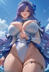 ai_generated alternate_version_at_source big_breasts blue_background blue_eyes breasts cantarella_(wuthering_waves) female hypet long_hair mature_female shiny_skin solo standing tagme thick thick_ass thick_legs thick_thighs thigh_highs thighhighs thighs video_game_character video_games wide_hips wuthering_waves