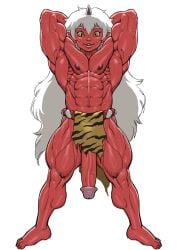 abs areola biceps big_penis biped bodily_fluids cock demon demon_boy demon_horns eyebrows hair horn horned_humanoid huge_cock humanized humanoid long_hair male male_focus muscular muscular_humanoid muscular_male nipples oni original original_character partially_clothed penis penis_slip pokkuti red_body red_skin solo twunk vein veins veiny_penis white_hair