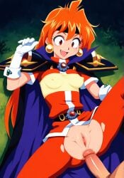 1girls ai_generated anal_sex anus cape clothed clothing female gloves lina_inverse long_hair looking_at_viewer orange_hair pussy red_eyes retro_ai_ecchi_dude ripped_clothing ripped_pants slayers smile smiling_at_viewer solo