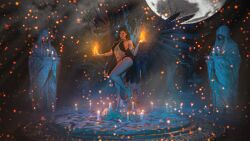 3d 3d_(artwork) 3d_model armband black_hair black_wings body_chains candle candles casting_spell embers exotic fire full_moon gold_jewelry graveyard highres hourglass_figure jewelry lace lingerie long_hair long_legs looking_at_viewer magic night night_sky pizz3d pose posing posing_for_the_viewer purple_eyes ritual see-through serious_look skull the_witcher_(series) the_witcher_3:_wild_hunt tree trees using_magic wings witch wristband yennefer