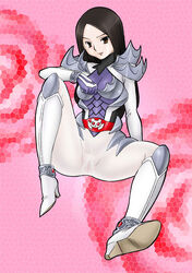 armor black_hair boots breasts brown_eyes hikari_natsumi kamen_rider kamen_rider_decade_(series) kamen_rider_kivala long_hair no_panties pantyhose pussy uraharukon white_legwear