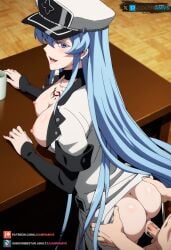 ai_generated akame_ga_kill! big_breasts blue_eyes blue_hair esdeath_(akame_ga_kill!) female from_behind grabbing_ass juanpiamvs long_hair patreon patreon_username penetration sex subscribestar subscribestar_username watermark