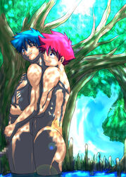 2boys beet_the_vandel_buster blue_hair cuddle forest grin male male_only muscle nipple nude penis pointless_censoring pubic_hair raku red_hair ryou001 ryuku swamp wink yaoi