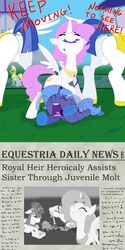 abuse alicorn balls blue_hair blush closed_eyes crying english_text equine friendship_is_magic gavalanche hair headgear helmet horn horse my_little_pony newspaper pink_hair plucking pony princess_celestia_(mlp) princess_luna_(mlp) royal_guard_(mlp) sticking_plaster tear text wings