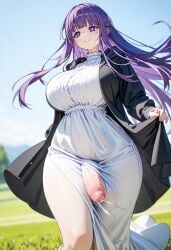 1futa ai_generated big_breasts bulge dress erection_under_clothes fern_(sousou_no_frieren) futanari huge_breasts long_penis milf penis purple_eyes purple_hair see-through_clothing solo sousou_no_frieren standing thick_thighs