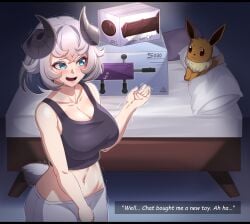 bed blue_eyes blush clothed_female dildo eevee goat_girl goat_horns grey_shirt hocen horse_dildo nervous nervous_female nervous_smile pillow plushie pokemon pokemon_(species) ram_girl ram_horns sex_machine sheep_girl sheep_horns sheep_tail shorts snowysheepvt_(vtuber)