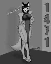 4:5 absurd_res anthro athletic athletic_anthro athletic_female bone breasts canid canine canis clothed clothing curvy_figure digital_media_(artwork) dress ears_up fangs female full-length_portrait fur gesture glowing glowing_eyes greyscale hair hand_gesture hand_on_hip hi_res looking_at_viewer luckeeart malo mammal monochrome monster multicolored_body muscular portrait scp-1471-a scp_foundation simple_background skull skull_head smile solo tail teeth text wide_hips wolf